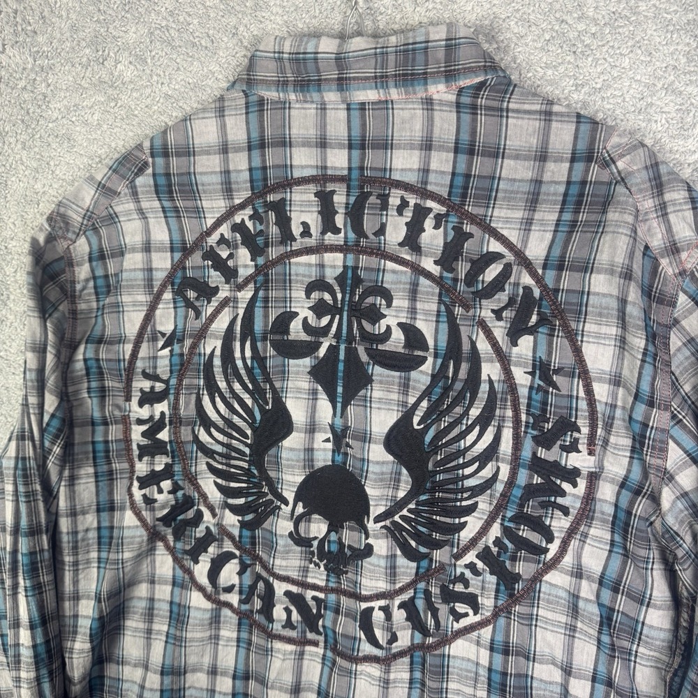 Affliction Shirt Men's M Black Premium Skull Wings Cross Metal Button Up Long Sl